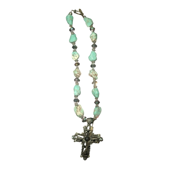 SILVER TONE cross choker necklace shimmering black clear turquoise beads - Picture 9 of 10